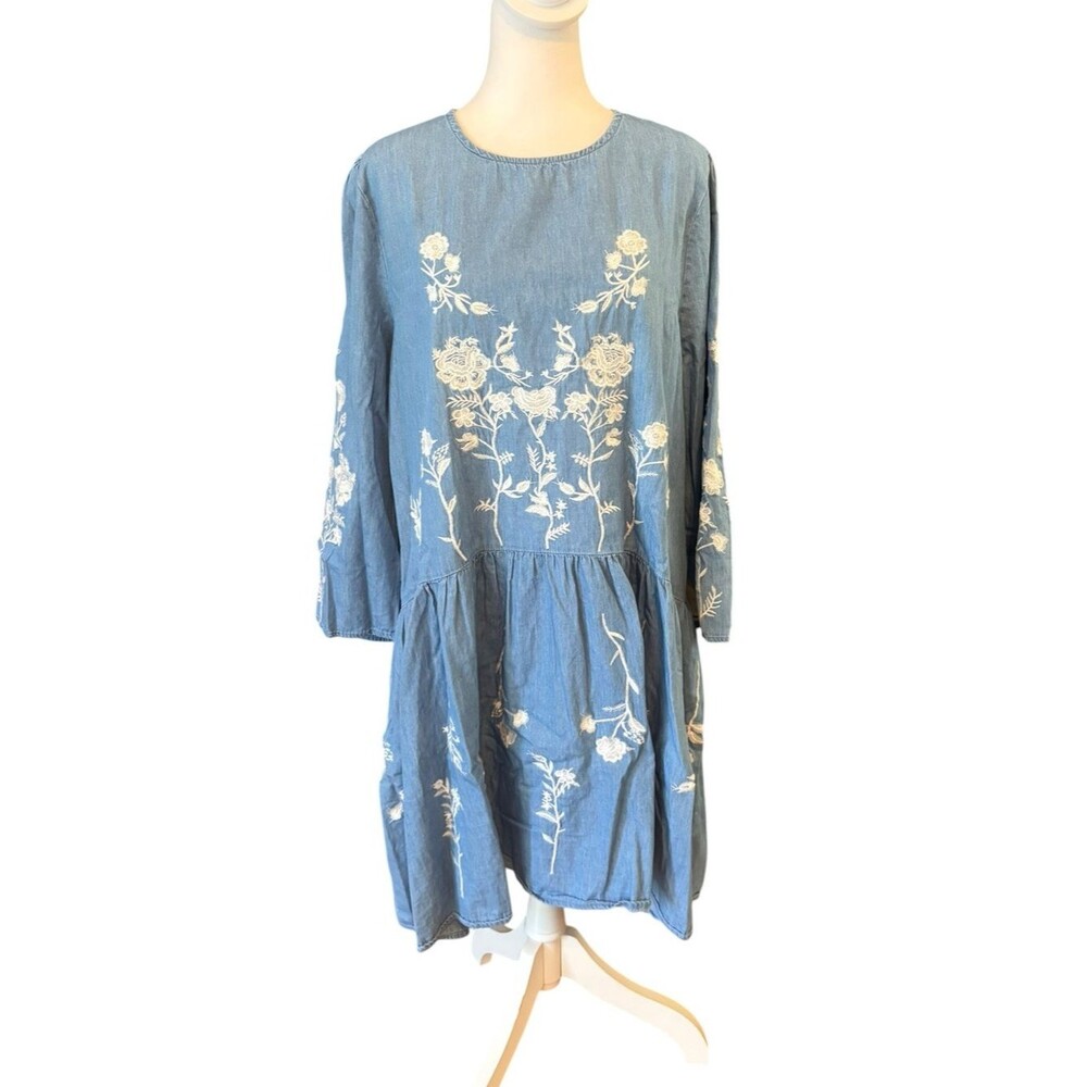 Embroidered Floral Cotton Chambray Shift Dress Womens Size XXL